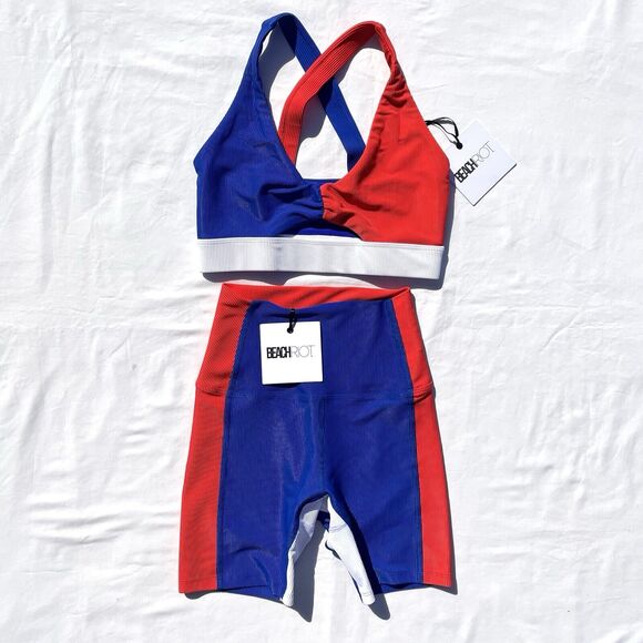 Beach Riot Swimsuit Set Bike Shorts Bikini Womens XS Red Blue Colorblock - Picture 1 of 7